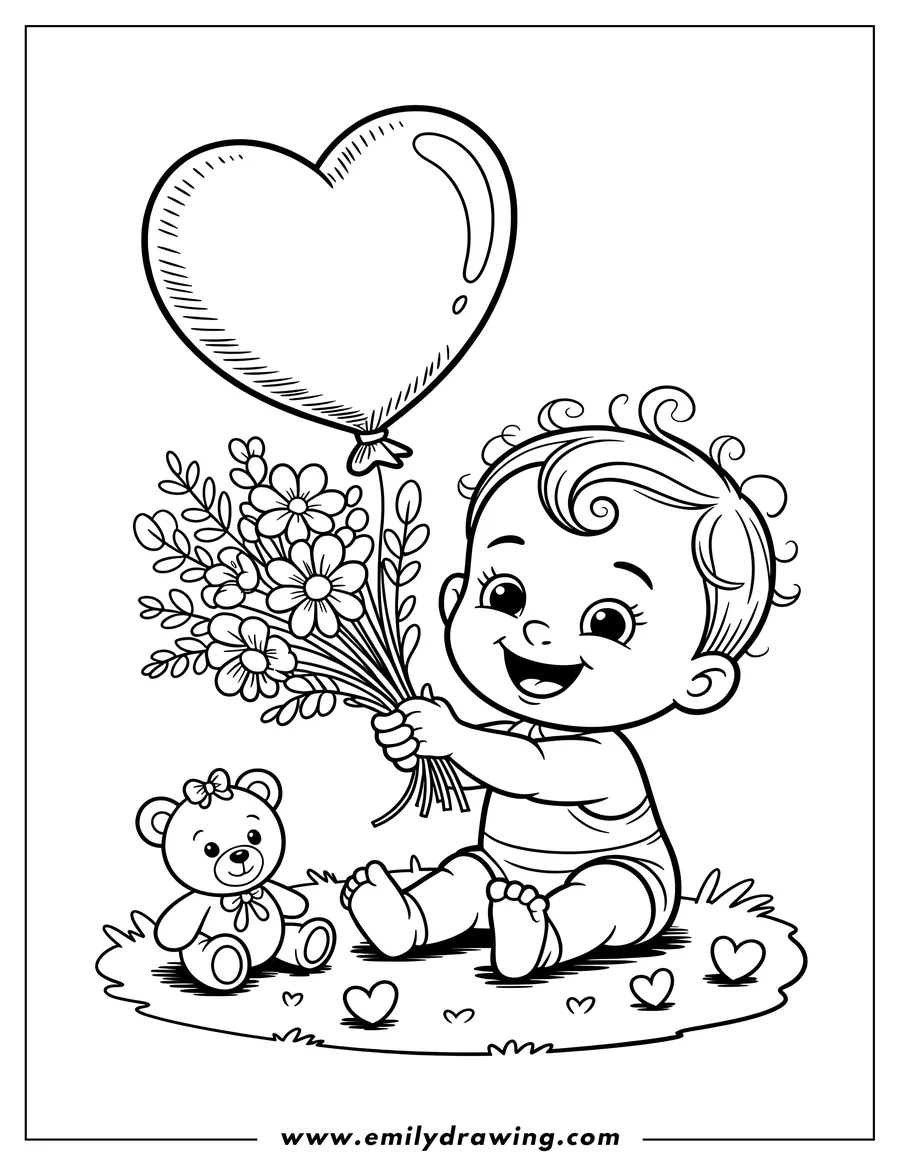 Outline of a baby sitting on the grass holding a bouquet of flowers with a heart-shaped balloon and a teddy bear nearby.
