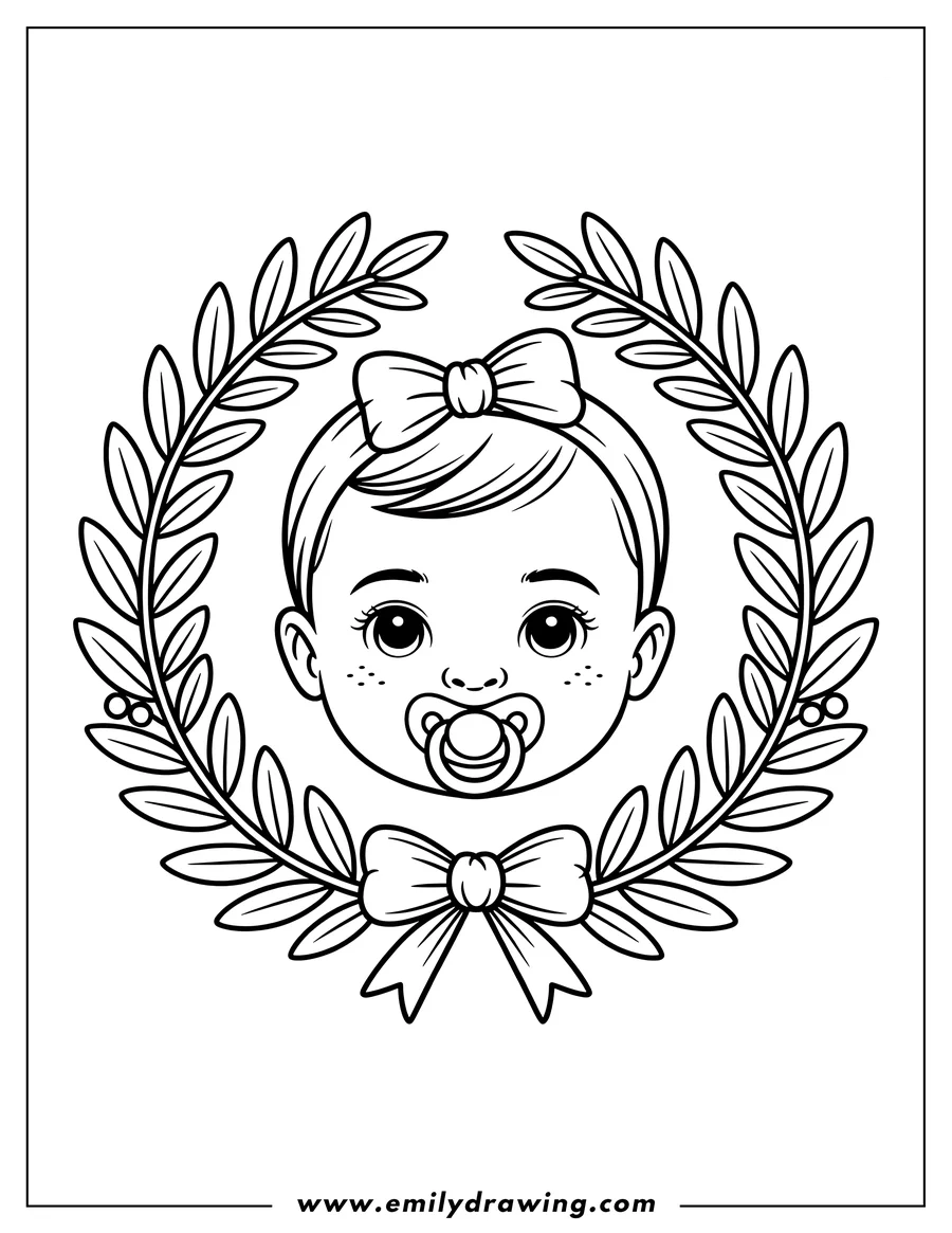 Outline of a baby's face with a pacifier, a bow on their head, and a larger bow below the chin. The baby is framed by a leafy wreath.