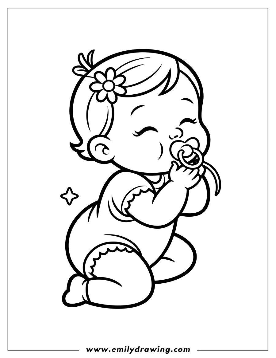 Outline of a baby playing with a pacifier. The baby is wearing a onesie and has a flower in their hair.