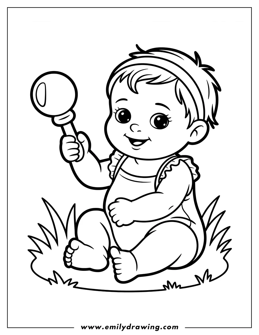 Outline of a baby sitting in the grass, holding a rattle toy.
