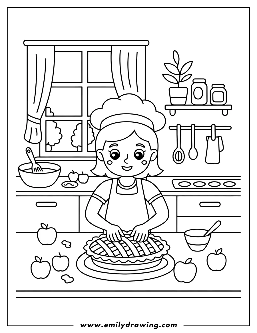 Line art of a baker wearing a chef hat and apron, standing in a detailed kitchen and decorating the lattice crust of a large apple pie.