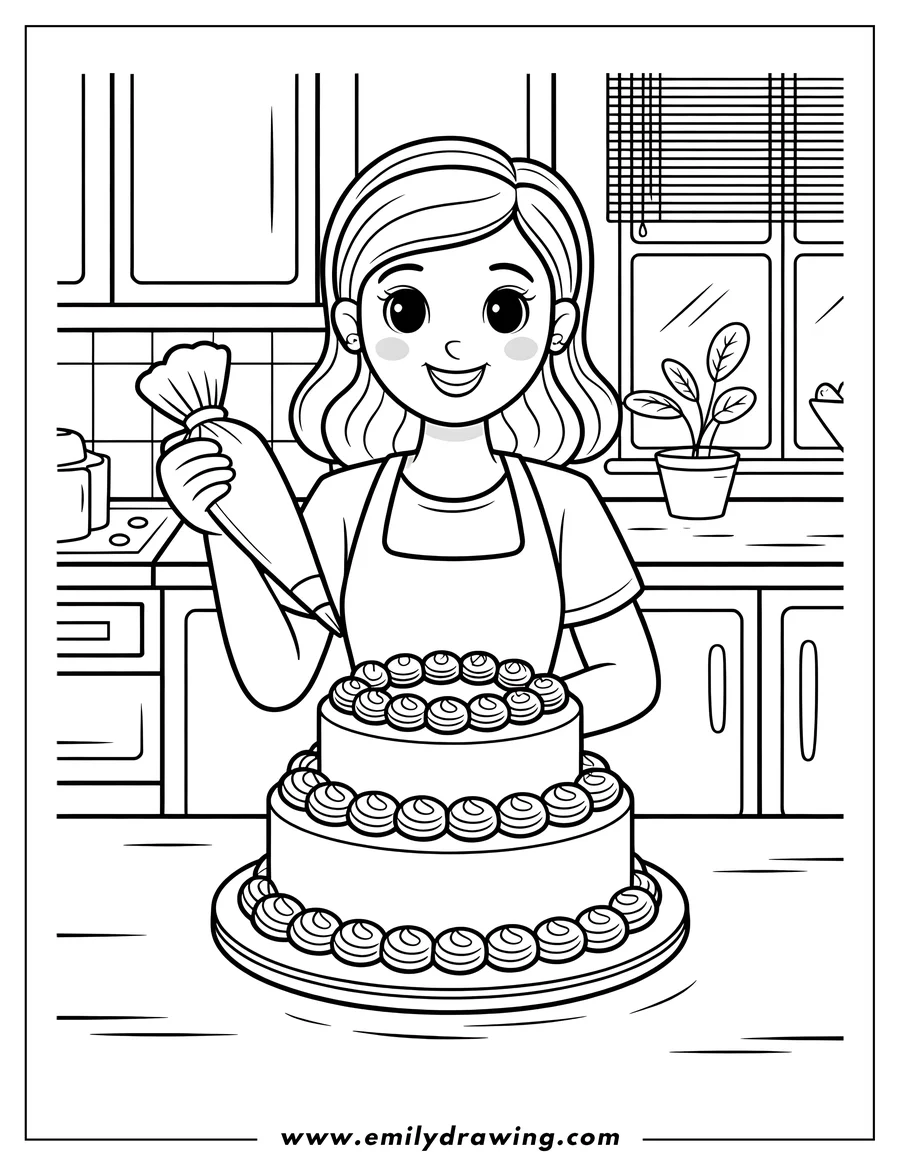 Outline drawing of a smiling woman wearing an apron and decorating a two-tier cake with frosting from a piping bag in a detailed kitchen setting.