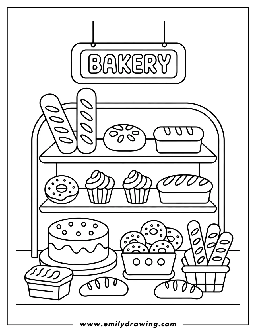 Outline of a detailed bakery display case filled with various baked goods including baguettes, loaves of bread, donuts, cupcakes, and a large layer cake.