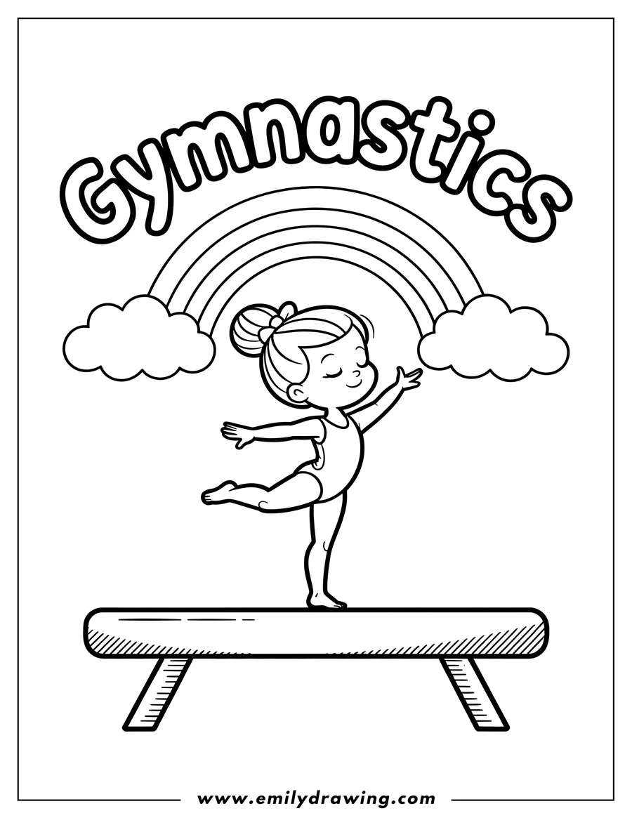 Outline of a gymnast balancing on a beam under a rainbow.