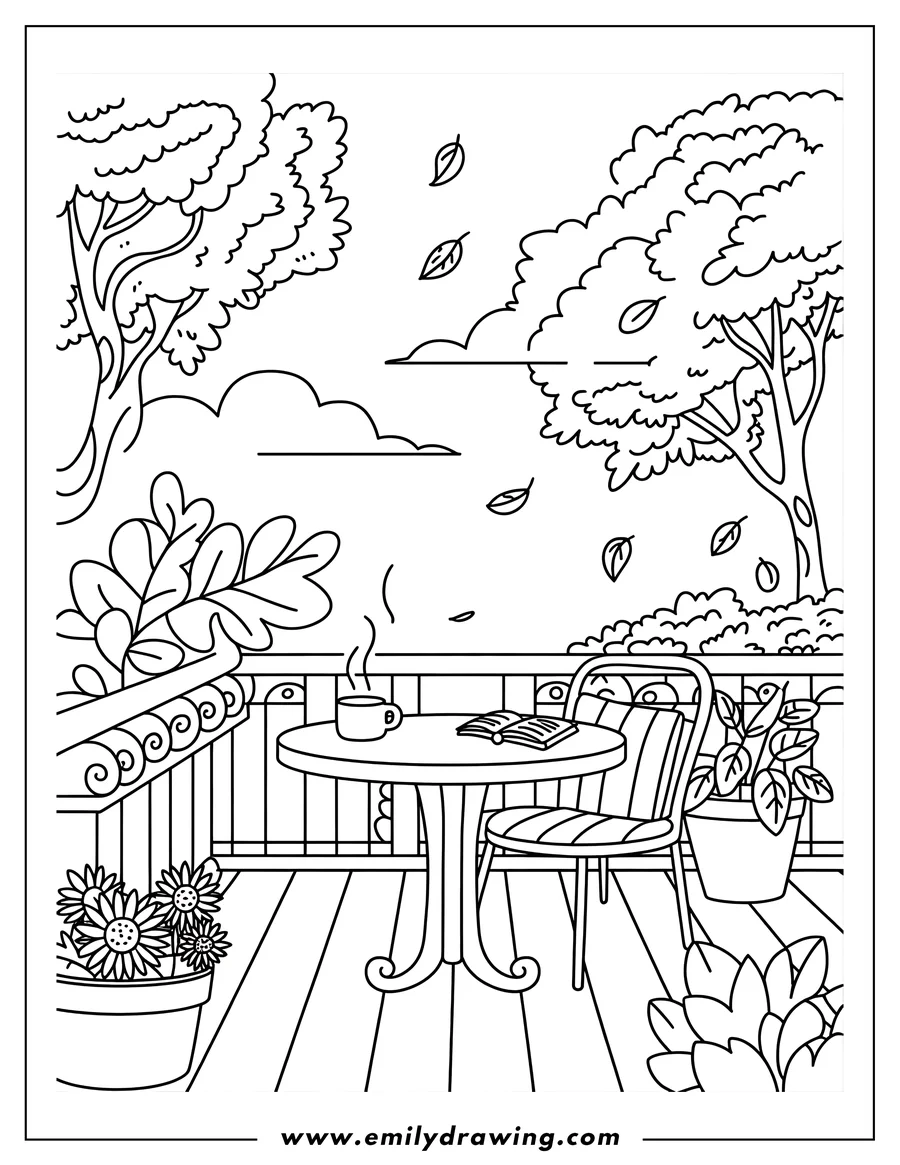 Line art of a balcony scene with a steaming cup of coffee and an open book on a round table, a chair, potted plants, and trees with falling leaves in the background.