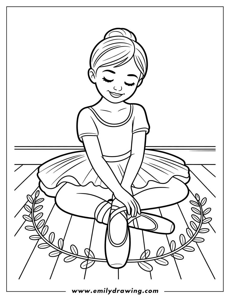 Outline of a ballerina sitting on a wooden floor, adjusting her ballet slippers. A decorative leafy wreath surrounds her.