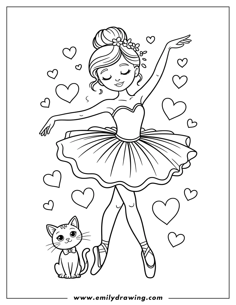 Outline of a ballerina dancing with a cat sitting nearby, surrounded by hearts.