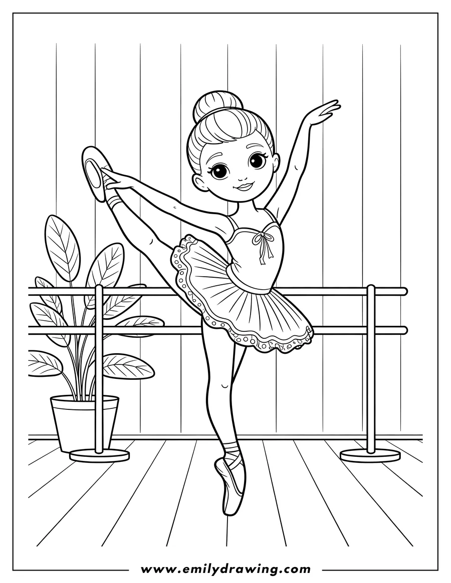 Line art of a ballerina practicing at the barre. She's balancing on one leg, her other leg extended gracefully. She wears a tutu and ballet slippers.