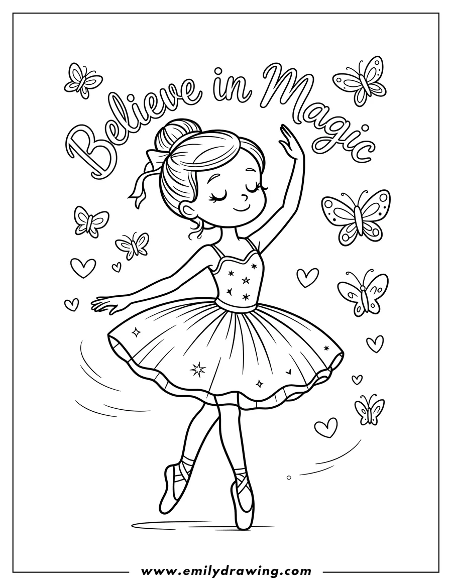 Outline of a graceful ballerina dancing, surrounded by fluttering butterflies and hearts. Her tutu is decorated with stars and sparkles, and she has a happy expression on her face.