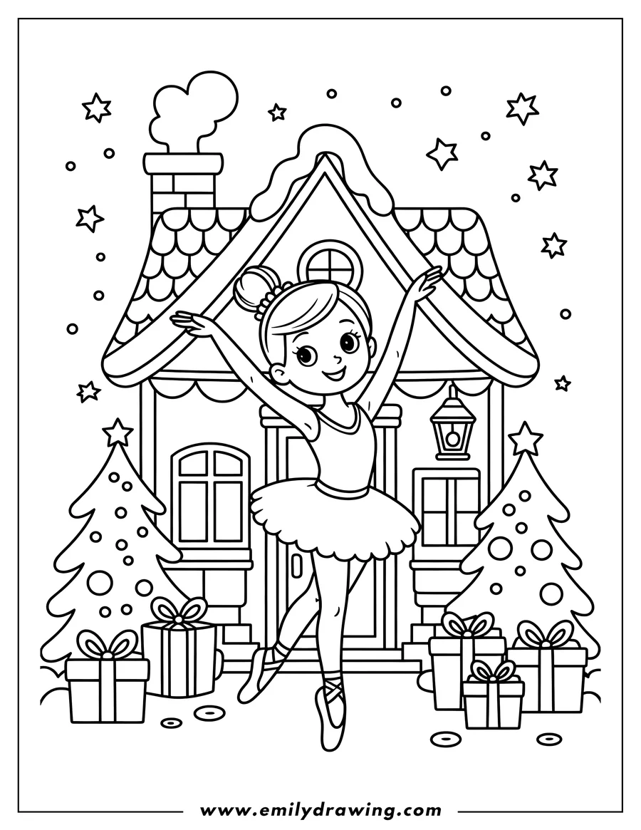 Outline of a ballerina dancing in front of a decorated Christmas house with presents and Christmas trees.