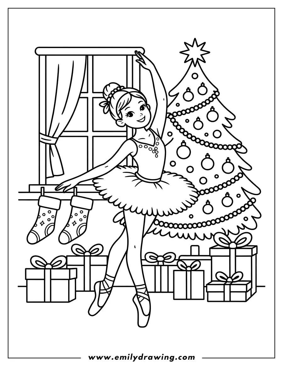Line art of a ballerina dancing near a decorated Christmas tree. Presents and stockings are visible in the scene.