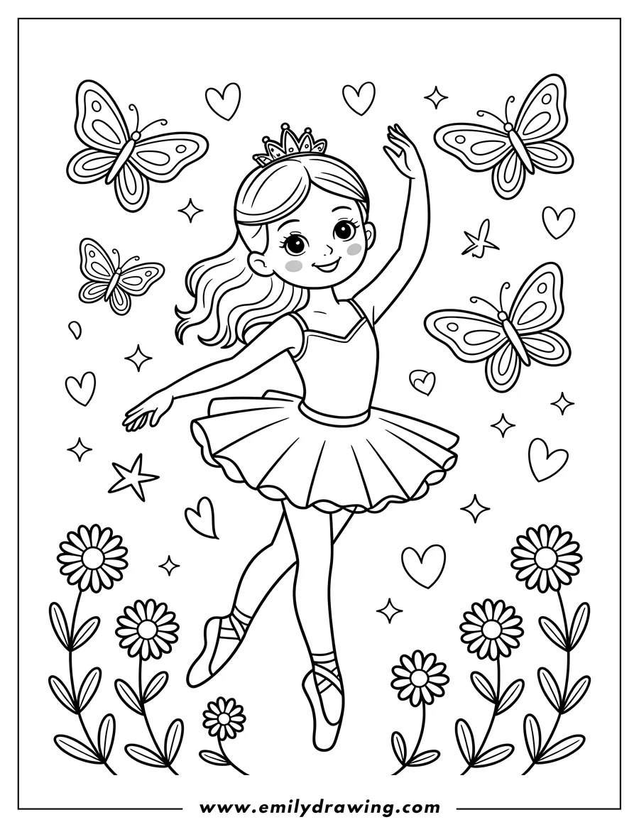 Outline of a ballerina wearing a crown and tutu, dancing gracefully amidst butterflies and flowers.