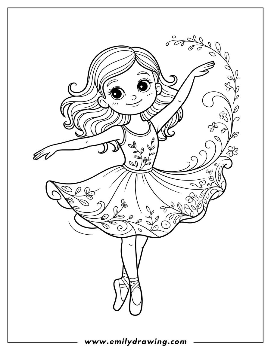 Outline of a ballerina dancing, wearing a dress decorated with flowers and leaves.