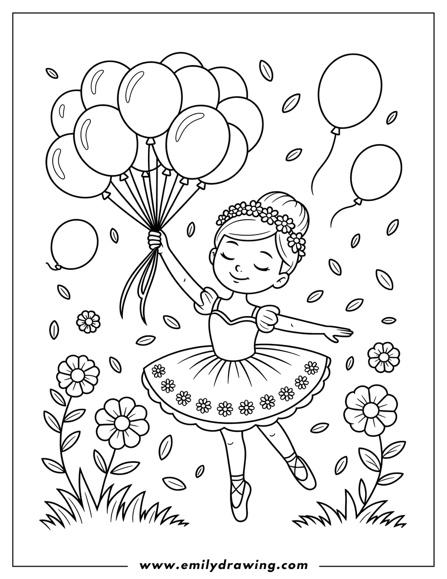 Line art of a ballerina dancing gracefully in a garden setting, holding balloons and wearing a floral headpiece. She is surrounded by flowers and falling leaves.