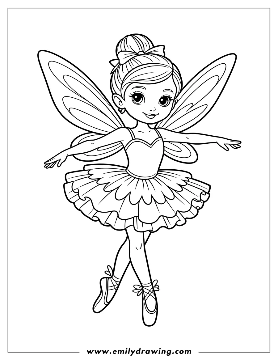 Outline of a fairy ballerina with wings, wearing a tutu and ballet shoes.