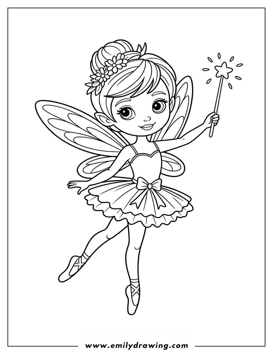 Outline of a fairy ballerina holding a magic wand, wearing a tutu and ballet slippers.