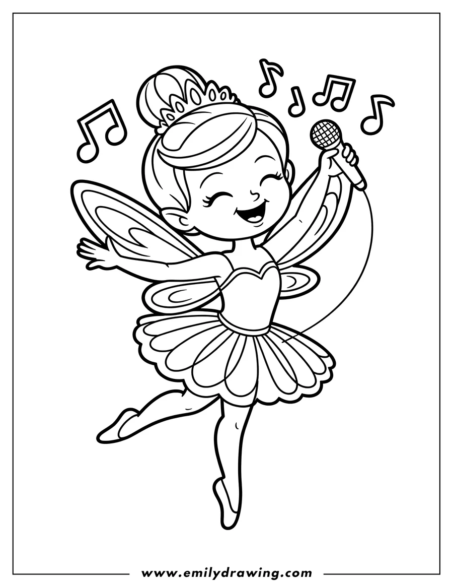 Outline of a fairy ballerina singing into a microphone, with musical notes floating around her. She wears a tutu and has butterfly wings.