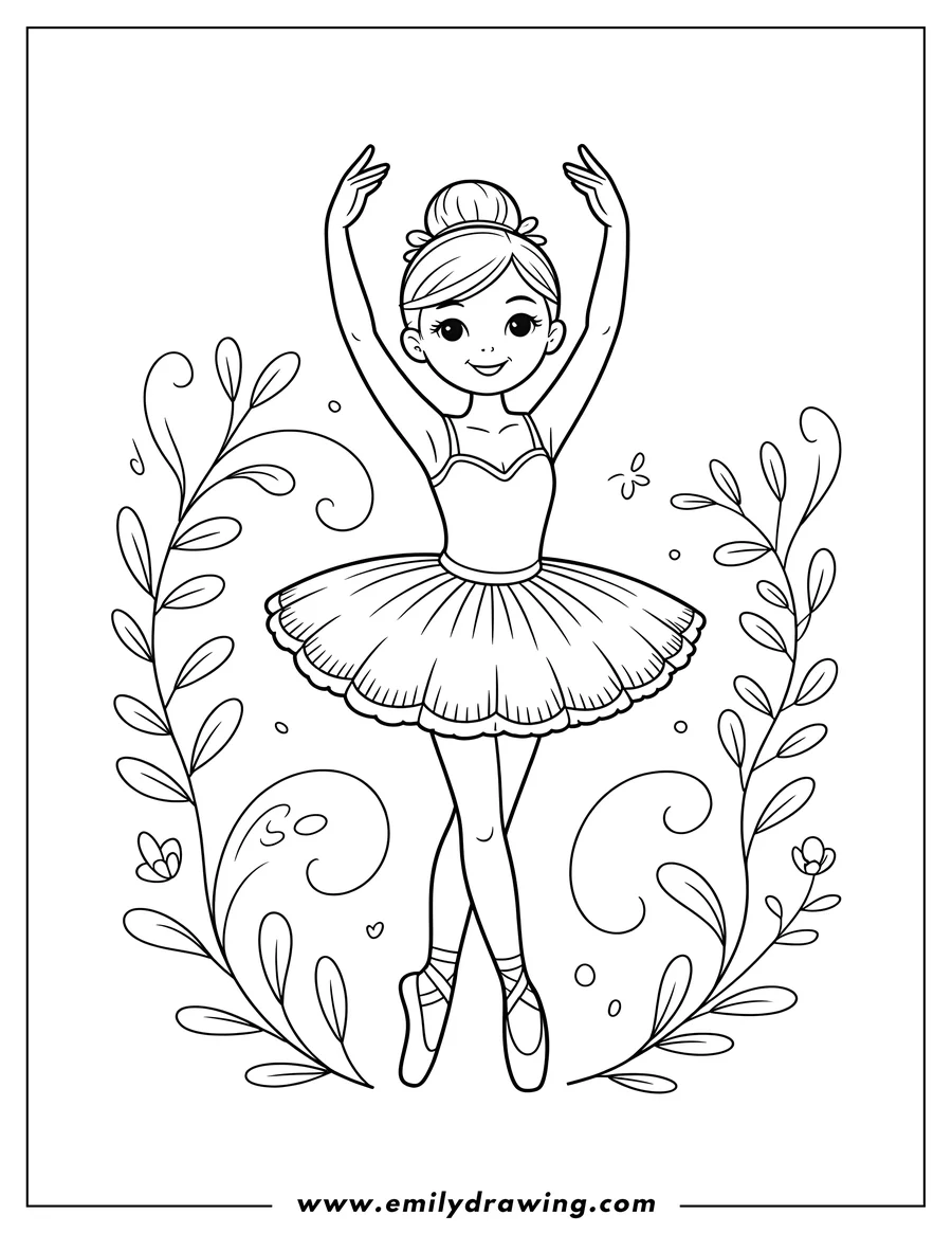 Line art of a ballerina in a tutu, posed with arms raised within a decorative floral frame.