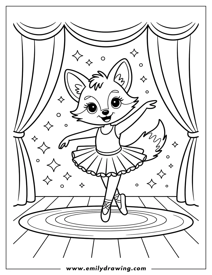 Outline of a fox ballerina dancing on a stage with curtains and sparkles.