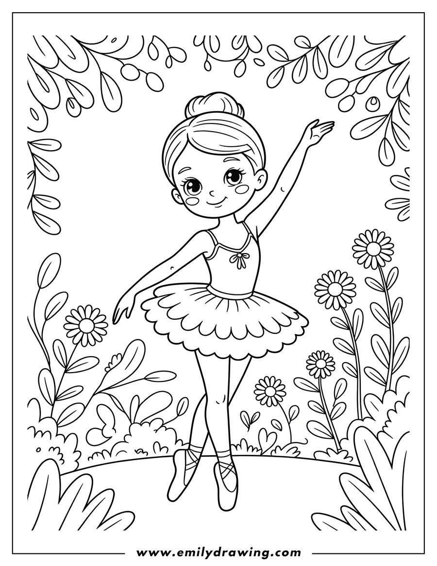 Outline of a ballerina in a garden setting. She wears a tutu and ballet slippers and has her hair pulled back in a bun. Daisies and leafy plants surround her.