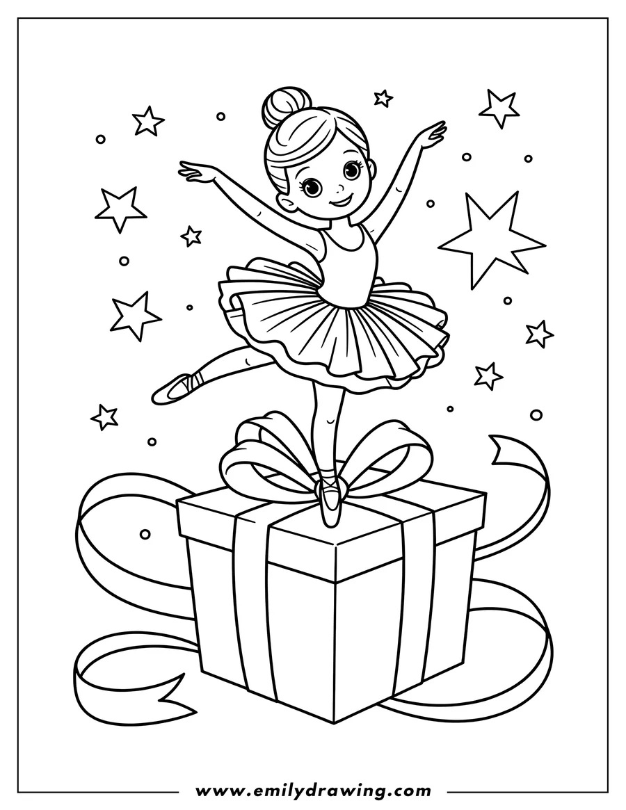 Outline of a ballerina dancing on top of a decorated gift box, surrounded by stars.