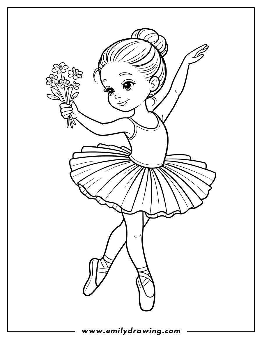 Outline of a ballerina holding a bouquet of flowers while dancing. She's wearing a tutu and ballet slippers.