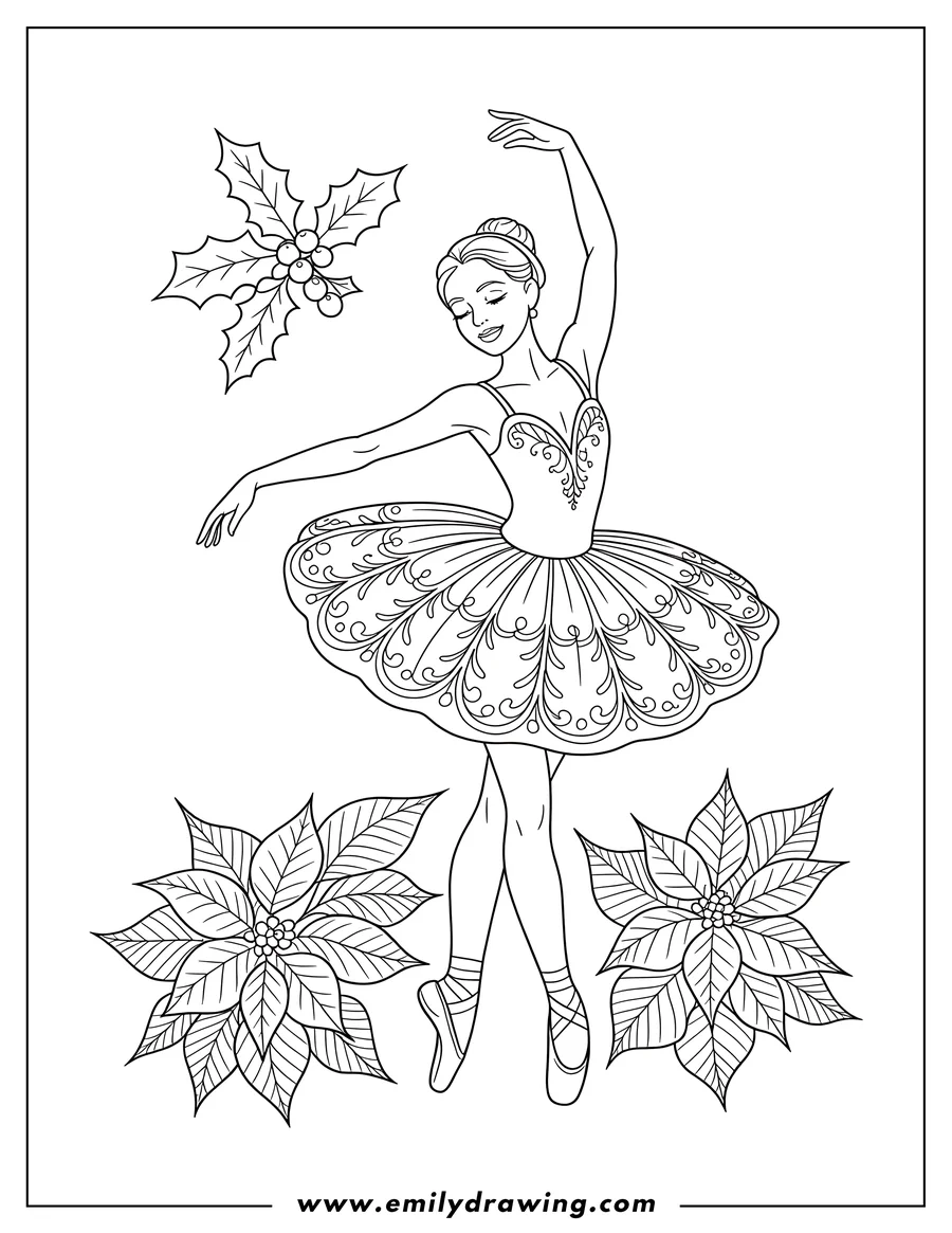 Line art of a ballerina dancing with holly and poinsettias. She wears a decorative tutu and pointe shoes.
