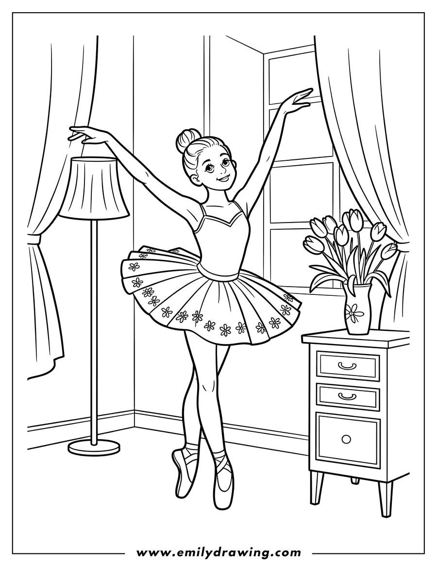 Line art of a ballerina dancing in her room. She wears a tutu decorated with small flowers and ballet shoes. A vase of tulips sits on a dresser by the window.