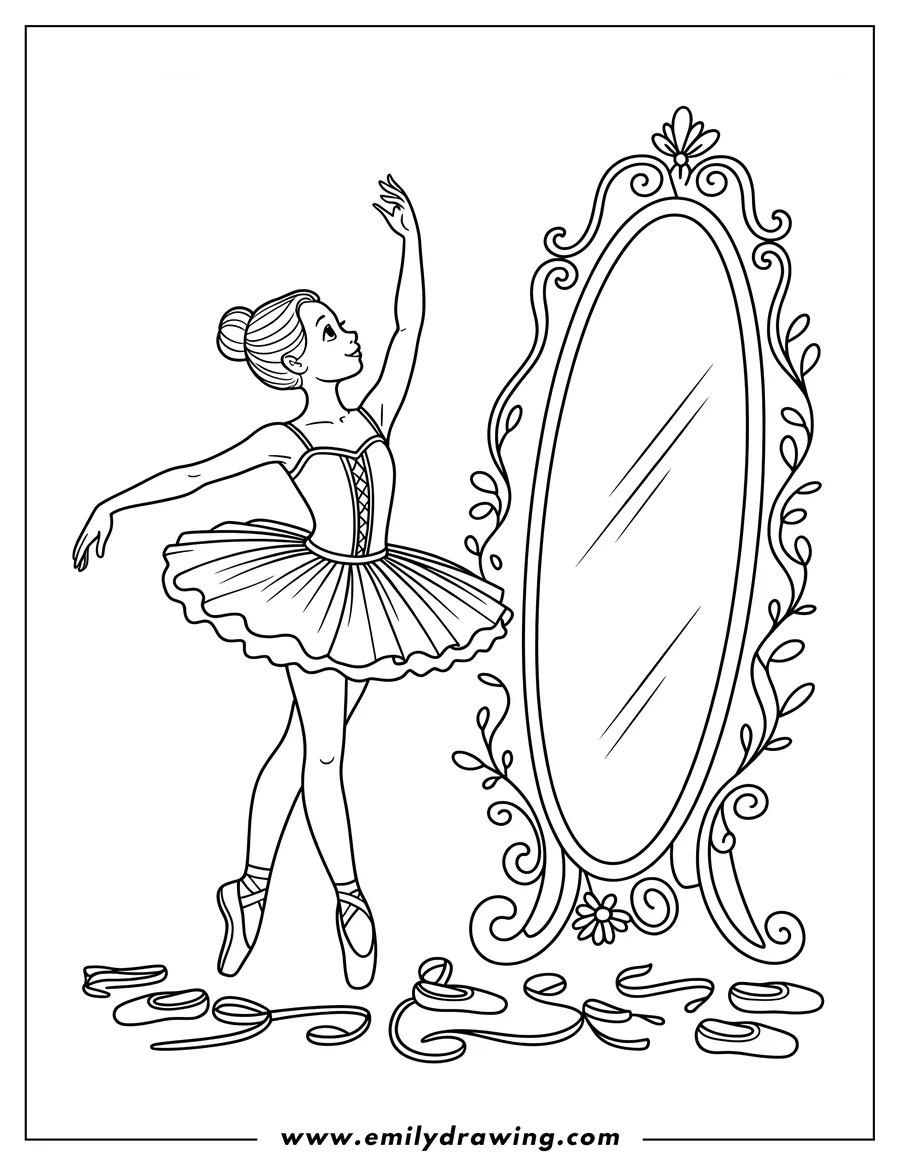 Line art of a ballerina in a tutu practicing a dance pose beside an ornate mirror.