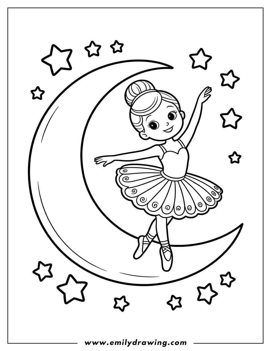 Outline of a ballerina dancing on the crescent moon, surrounded by stars.