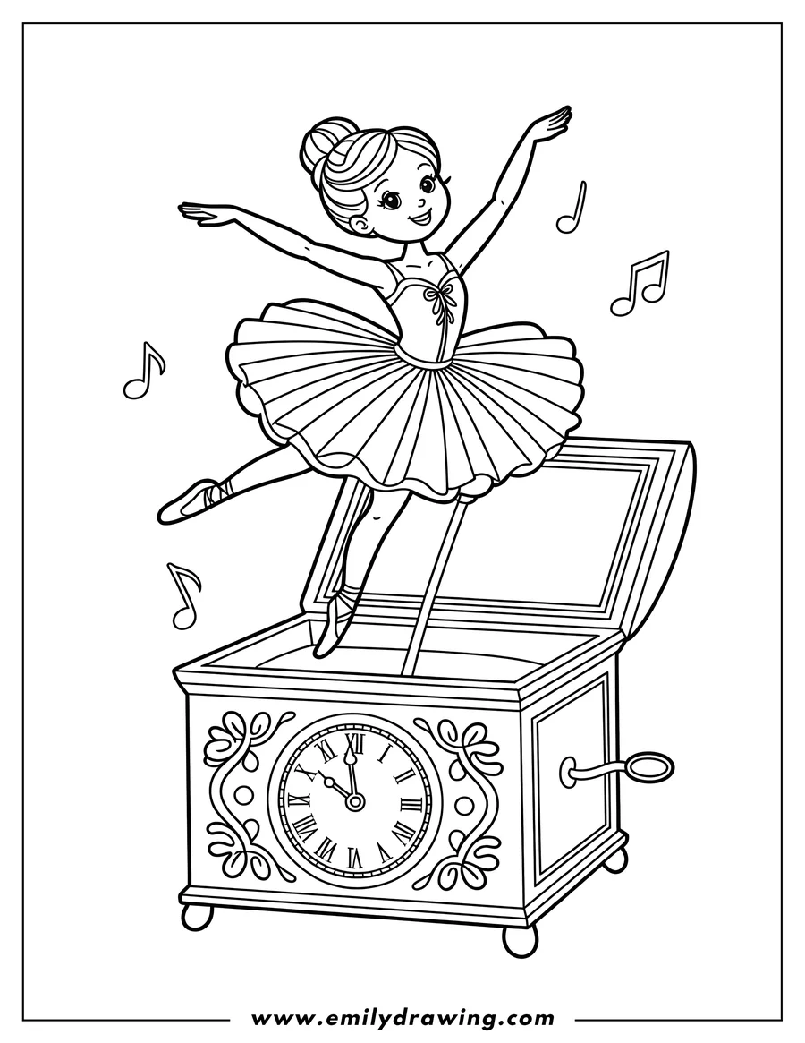 Line art of a ballerina emerging from a music box. She is posed mid-dance, with her arms outstretched and one leg extended. Music notes float around her, suggesting a melody.