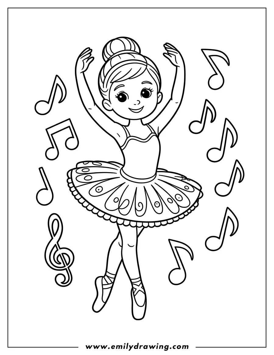 Line art of a ballerina in a tutu, surrounded by music notes. She's mid-dance, arms raised gracefully.