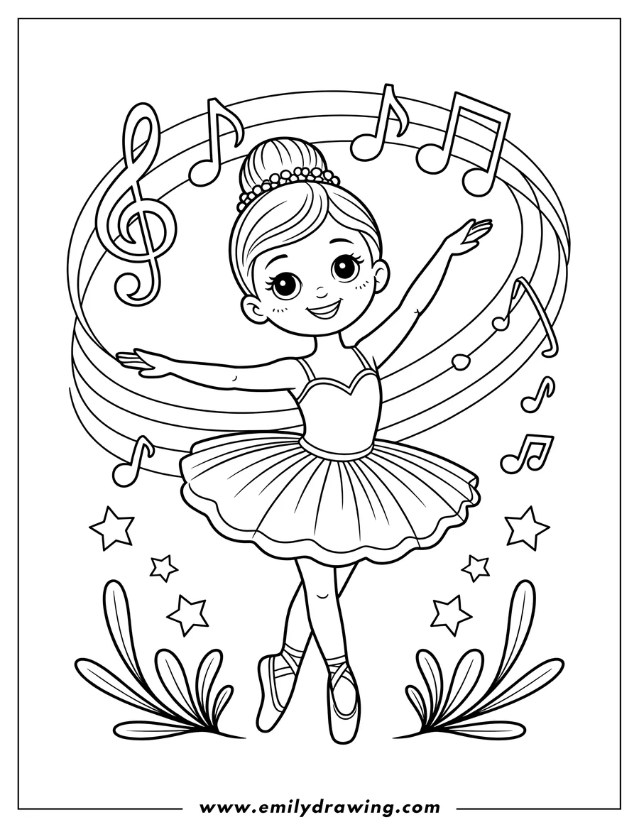 Outline of a ballerina in a tutu, gracefully posed with arms outstretched, surrounded by musical notes and stars.