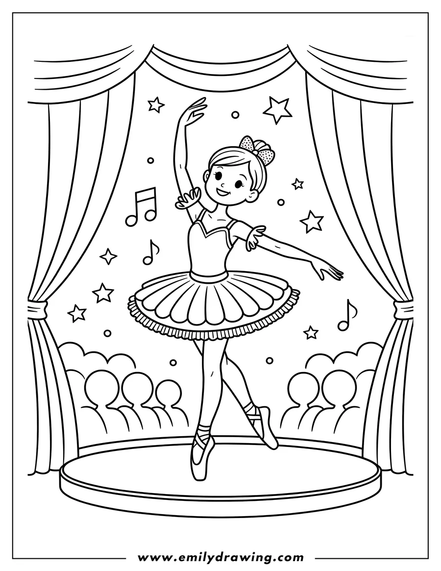 Outline of a ballerina dancing on a stage in front of an audience. She's wearing a tutu and ballet slippers, and there are musical notes and stars around her.