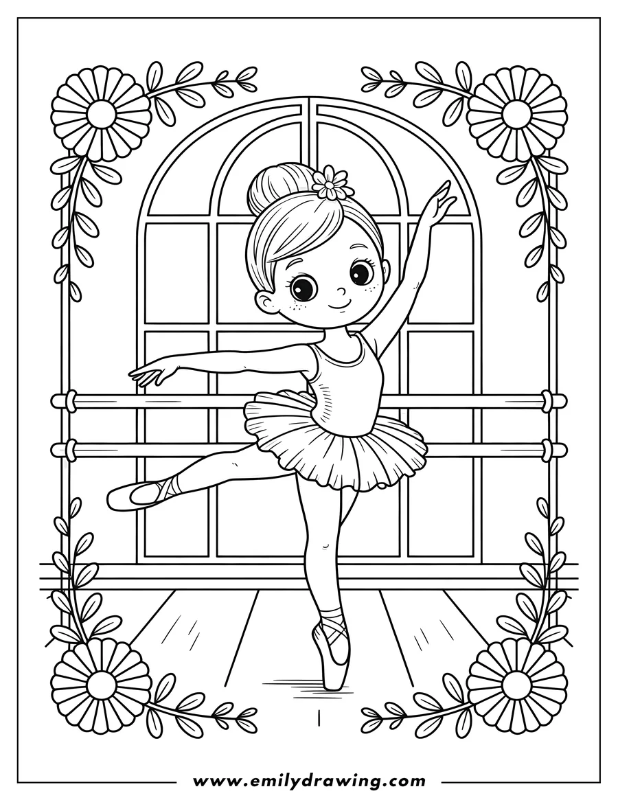 Outline of a ballerina practicing at the barre in a dance studio. She wears a tutu and pointe shoes, her hair in a bun with a flower. A large window and floral decorations add to the charming atmosphere.