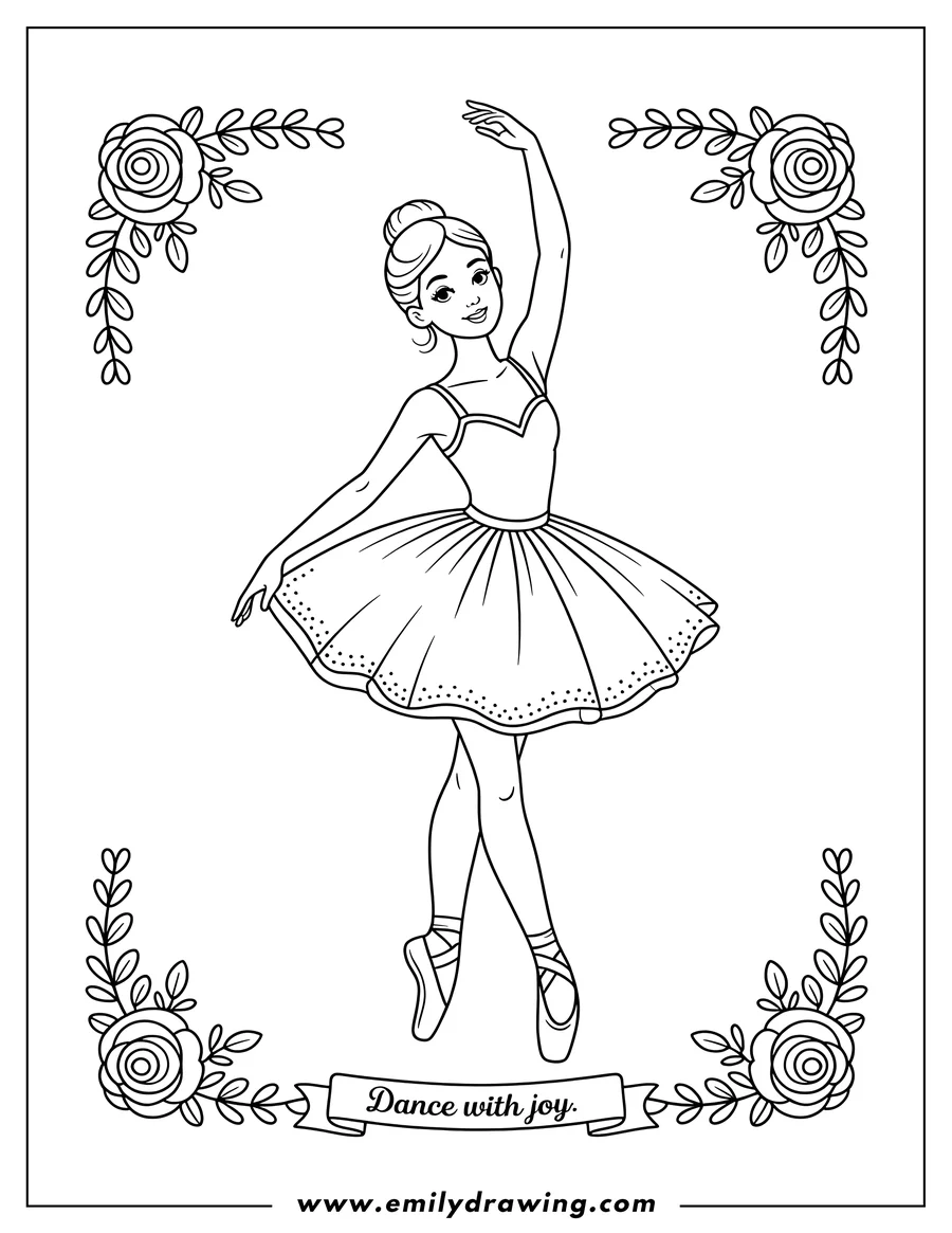 Line art of a ballerina with one arm raised above her head, wearing a tutu and ballet slippers, in a decorative floral frame.