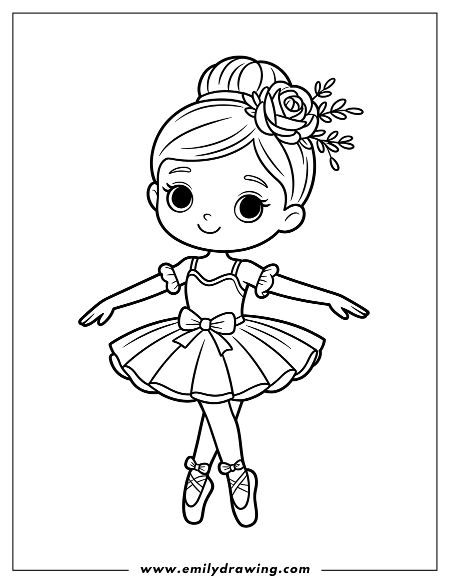 Outline of a ballerina with a rose in her hair, wearing a tutu and ballet slippers, ready to dance.