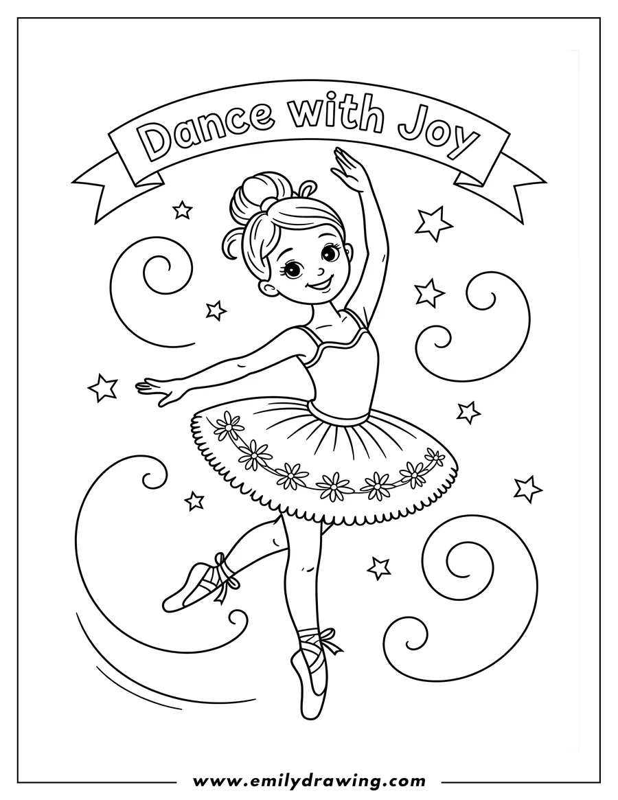 Outline of a ballerina wearing a tutu, gracefully dancing with one arm raised and a joyful expression.