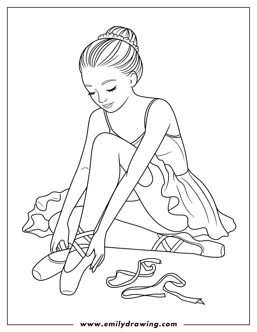 Outline of a ballerina tying her ballet shoes. She's wearing a tutu and has her hair in a bun.