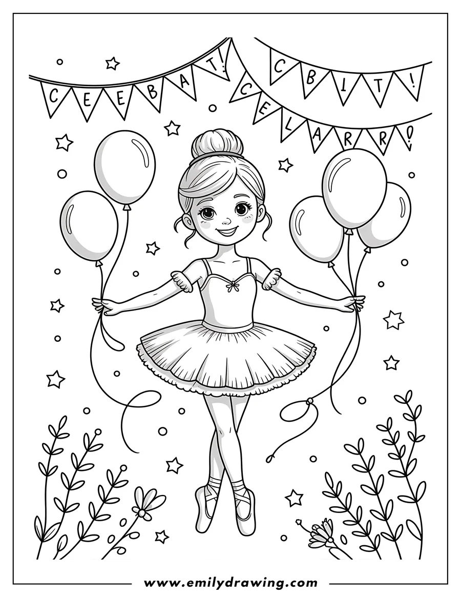 Outline of a ballerina in a tutu holding balloons, with a celebratory banner overhead.