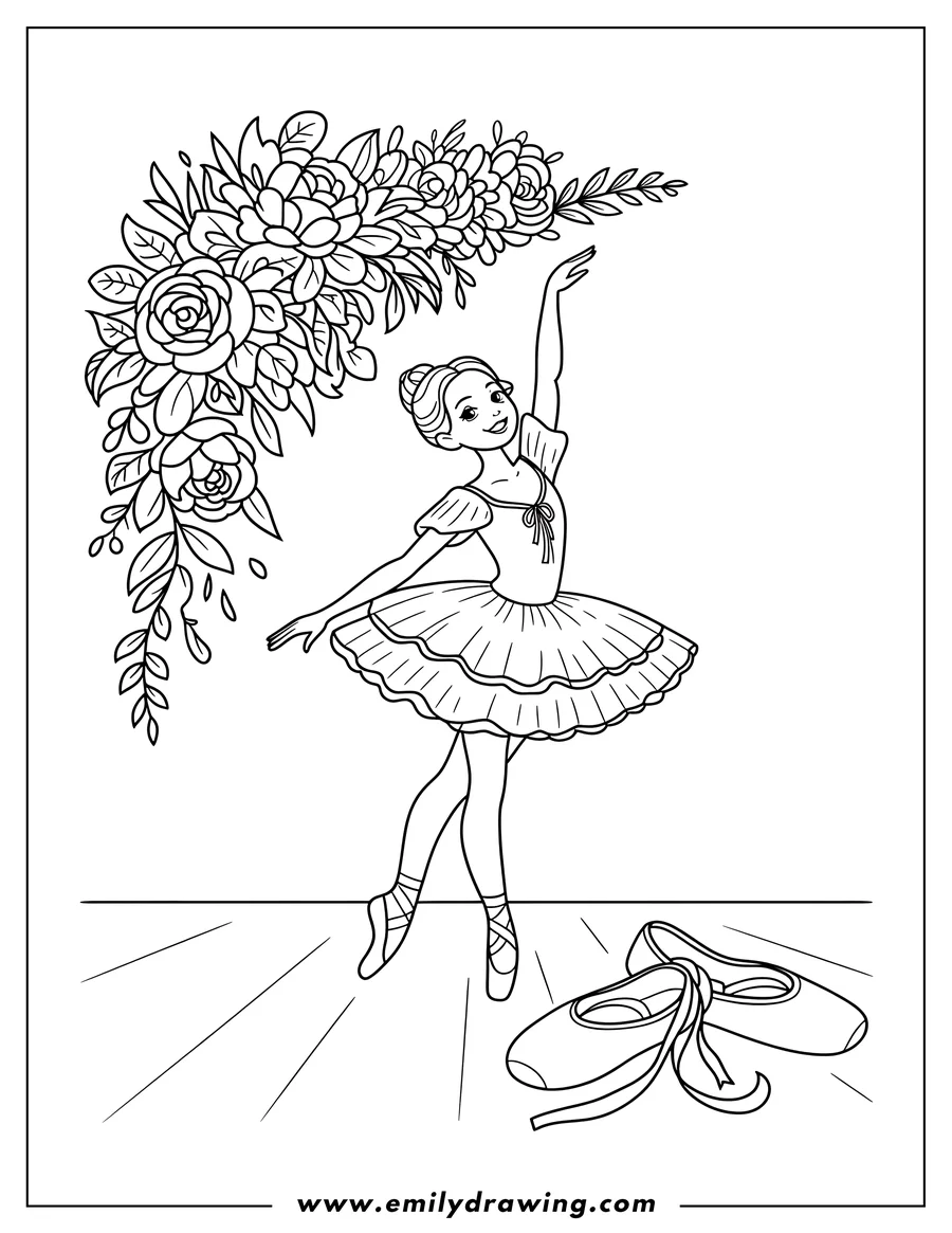 Line art of a ballerina dancing with her arm reaching towards a floral arrangement and a pair of ballet slippers on the floor beside her.