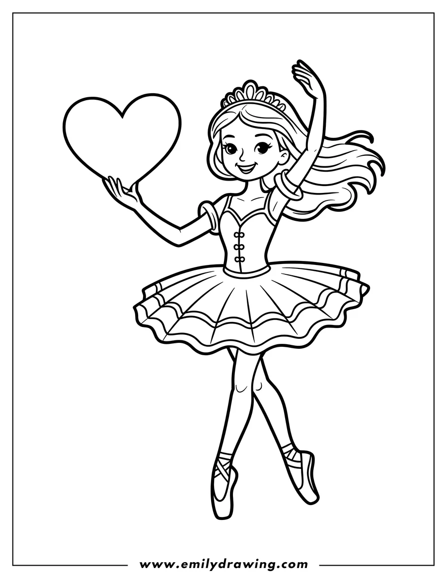 Line art of a ballerina holding a heart, wearing a tutu and ballet shoes.