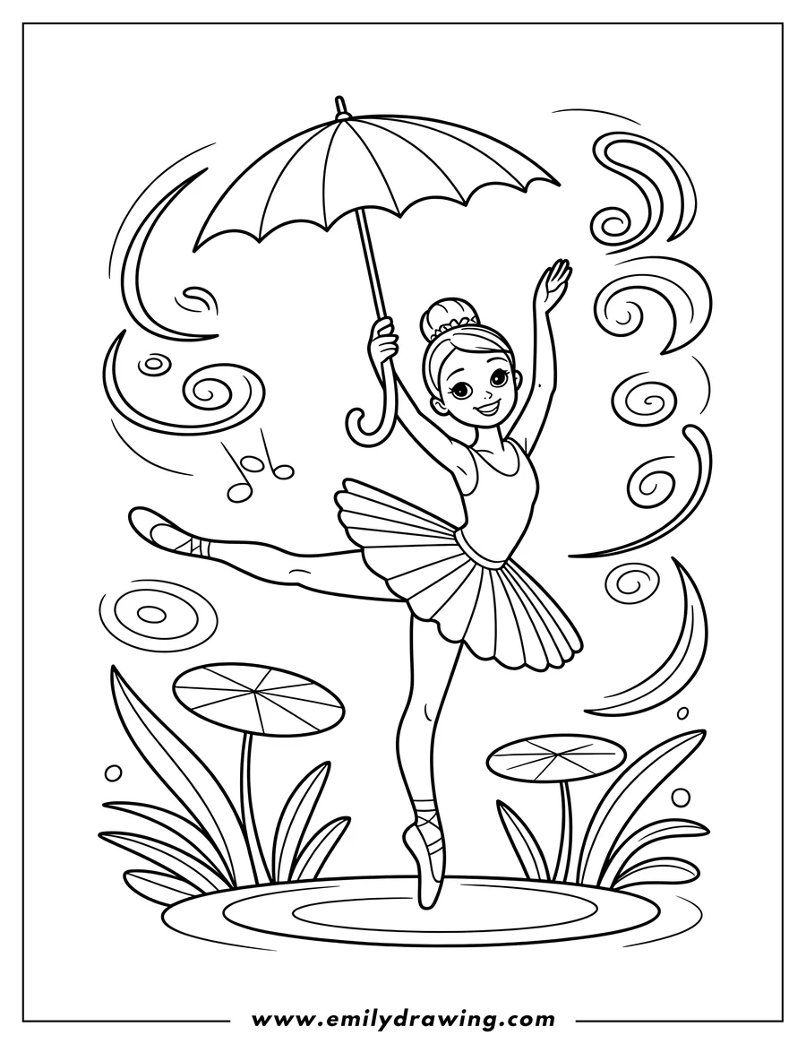 Outline of a ballerina dancing with an umbrella. She's wearing a tutu and ballet shoes, and there are lily pads and swirls surrounding her.