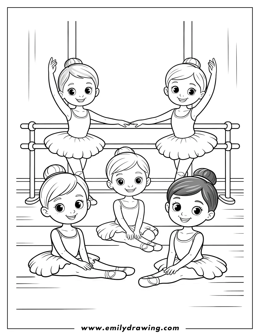 Outline of four ballerinas, two practicing at the barre and two sitting on the floor stretching.