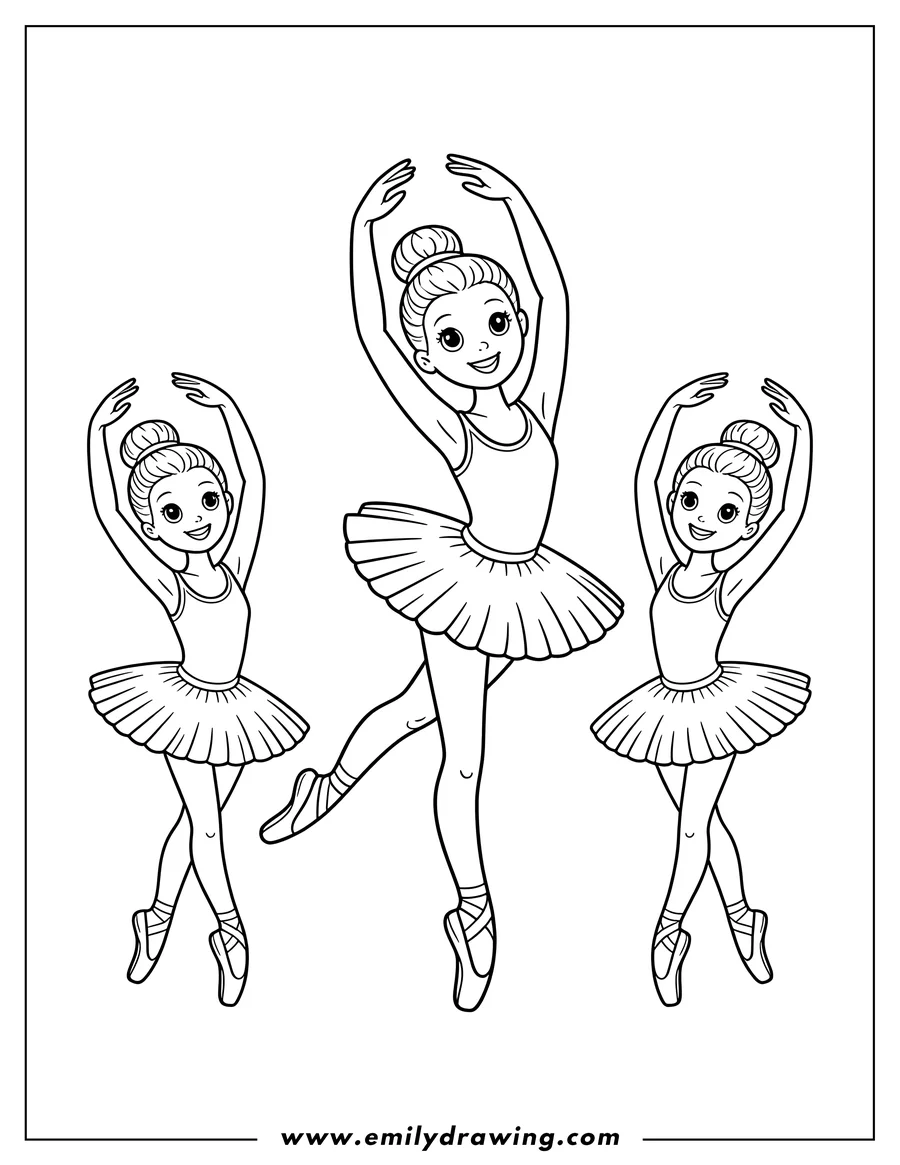 Line art of three ballerinas in tutus and ballet shoes, two with feet flat and one on pointe.