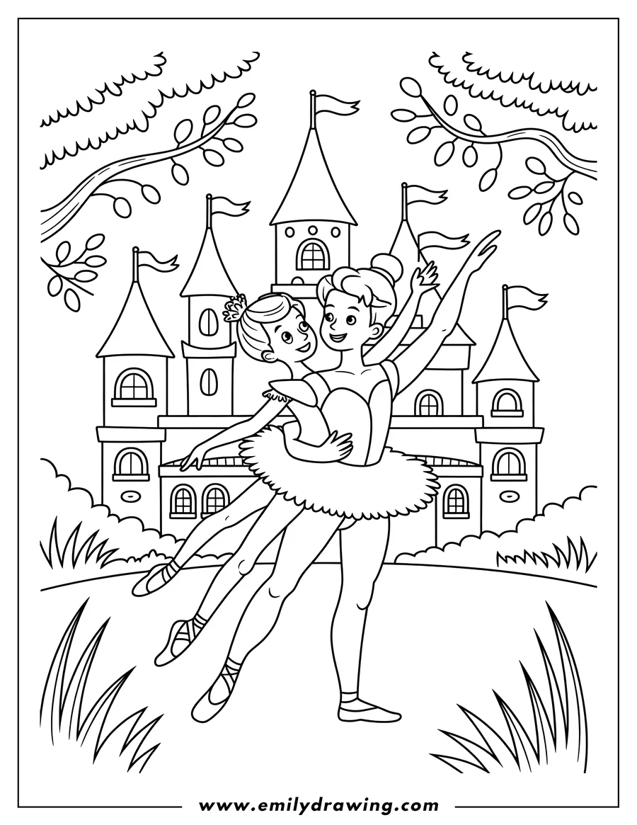 Two ballerinas dancing near a castle. They're wearing tutus and ballet shoes. The background includes trees and grass.