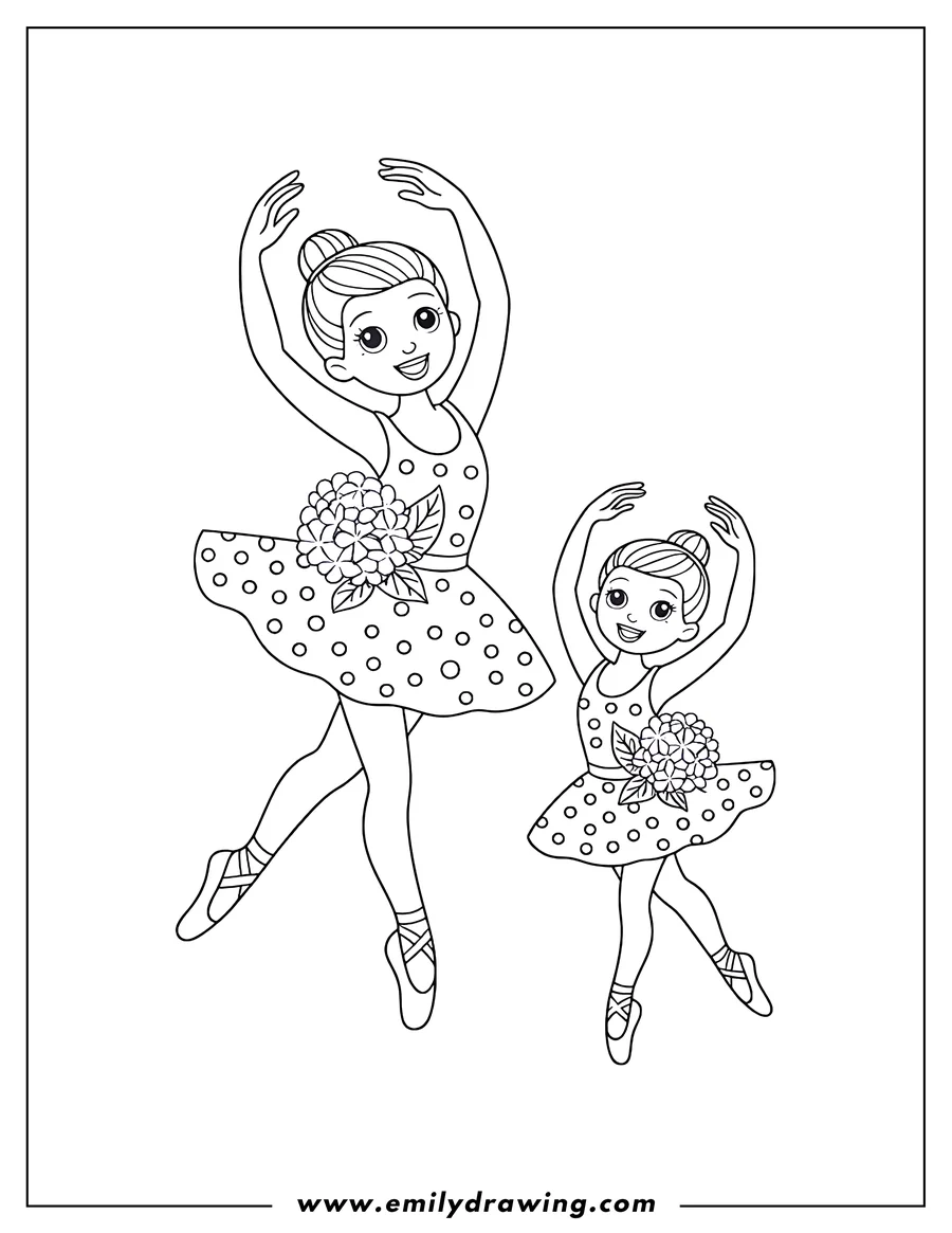 Outline of two ballerinas in tutus with flowers, mid-dance pose.