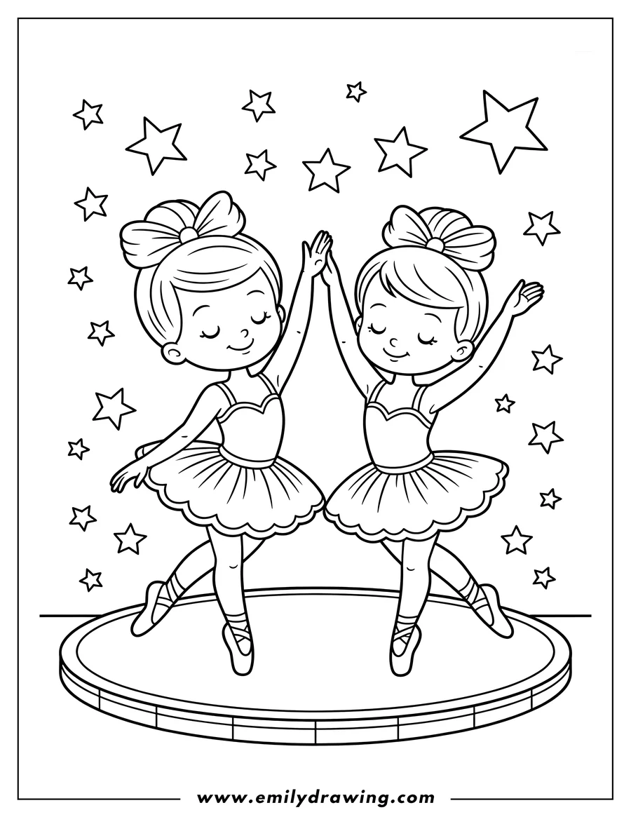 Two ballerinas in tutus give a high five on a circular stage beneath several stars.