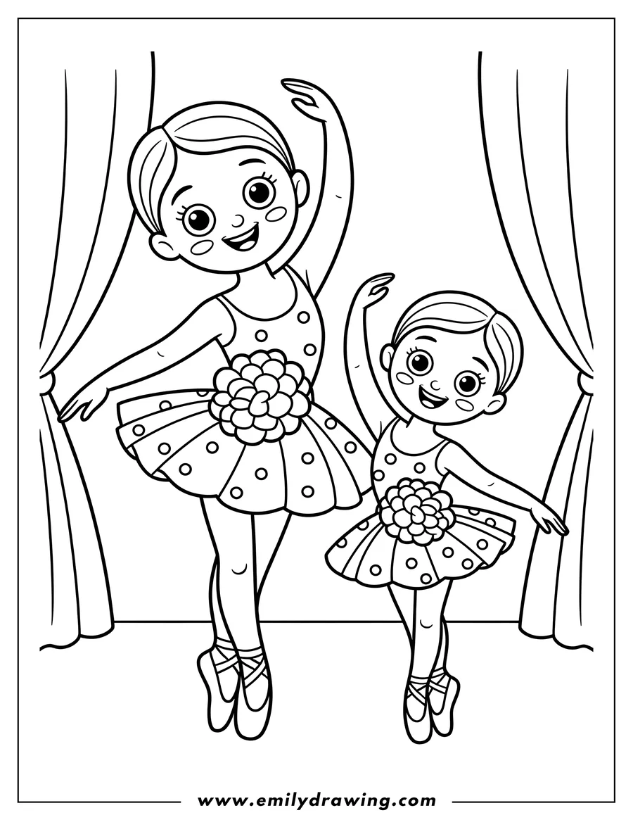 Two young ballerinas in tutus and ballet shoes on stage, ready to dance.