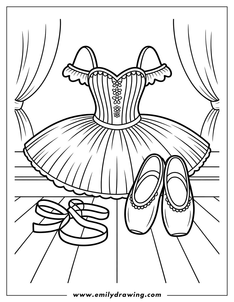 Line art of a ballet outfit including a tutu dress, ballet shoes, and ribbons, arranged on a stage floor with curtains in the background.